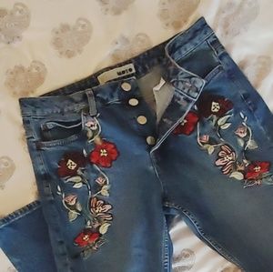 Floral stitch denim, button fly